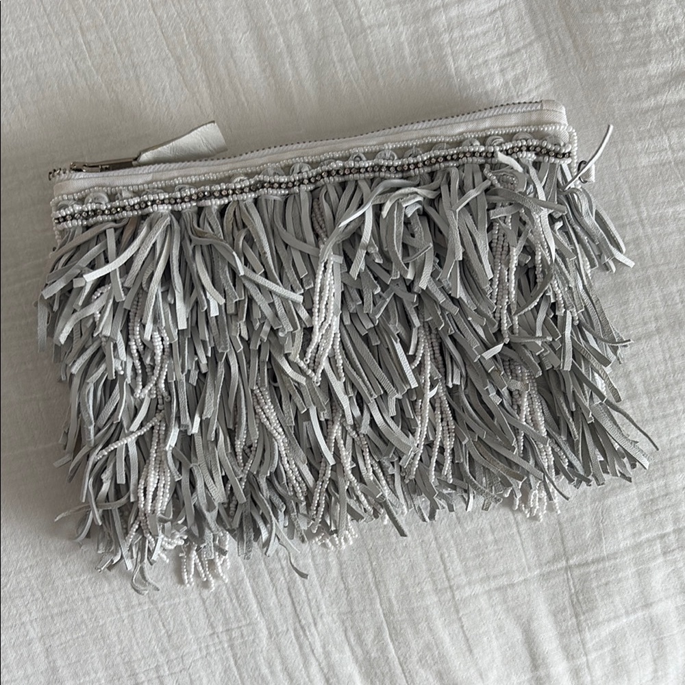 Beaded Fringe Gray Clutch Bag